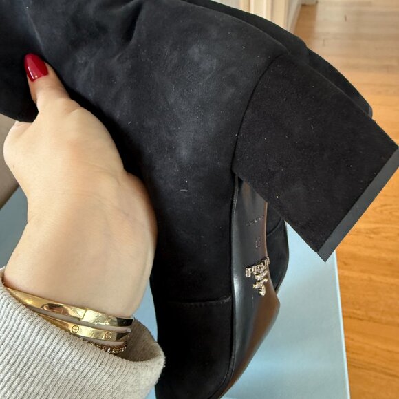 NWt Prada Mid Calf Boots Black Suede Leather Pointed Toes Block Heels Sz 35 - Picture 10 of 10